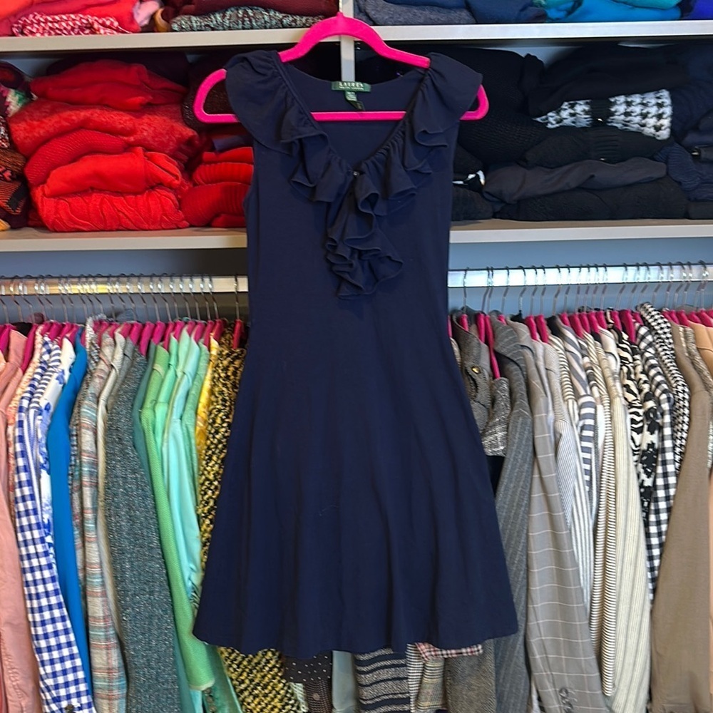 Lauren Ralph Lauren navy sleeveless ruffled v neck dress size XS